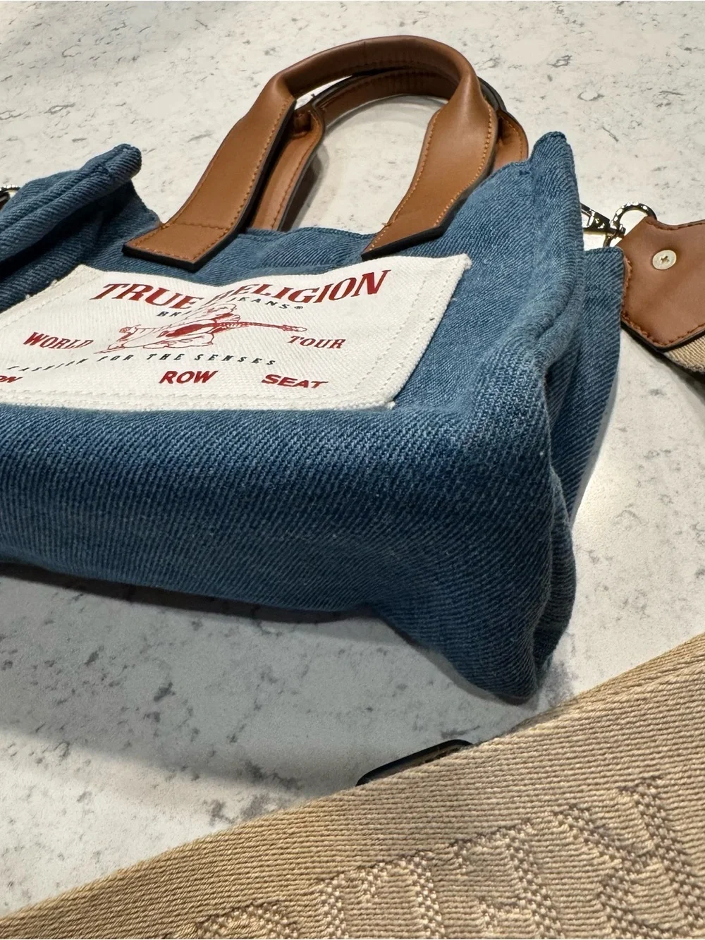 True Religion Blue Denim Mini Messenger with Brown Trim